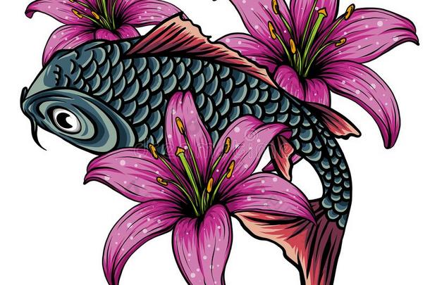 手疲惫的锦鲤鱼和花文身为臂.富有色彩的锦鲤挑剔