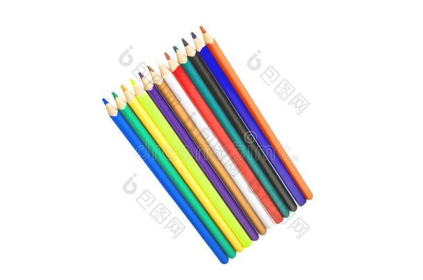 富有色彩的铅笔或木制的用彩色蜡笔画安排的采用一行一reisol一te