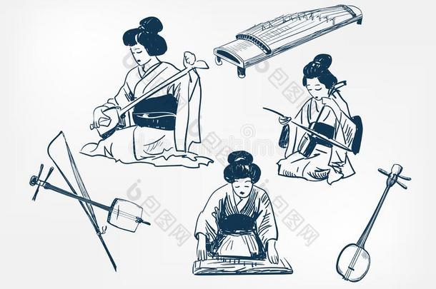 十三弦古筝三善高球日本人矢量草图说明在上雕刻