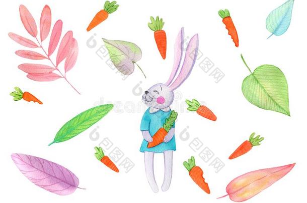 一兔子经过胡萝卜和树叶