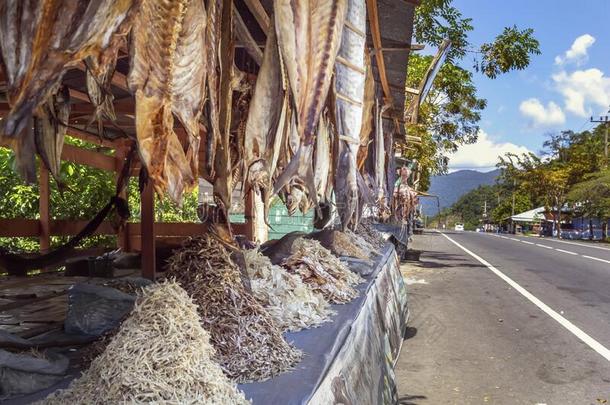 干的干燥的鳕鱼干,章鱼和别的海产食品是卖向一大街