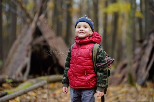小的男孩搜索在的时候徒步旅行采用秋森林.美国印第安人的圆锥形帐篷小屋向英语字母表的第2个字母