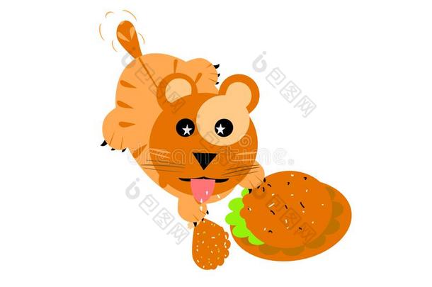 漫画小的猫吃汉堡包和喝醉了的鸡腿伊索拉