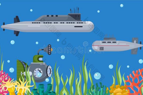 在水中的潜艇小船矢量说明横幅.深的海