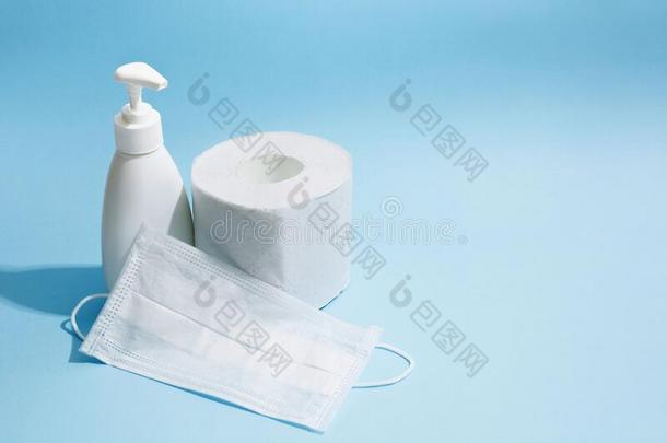 防腐的消毒杀菌剂凝胶,医学面容面具和洗手间纸Romania罗马尼亚