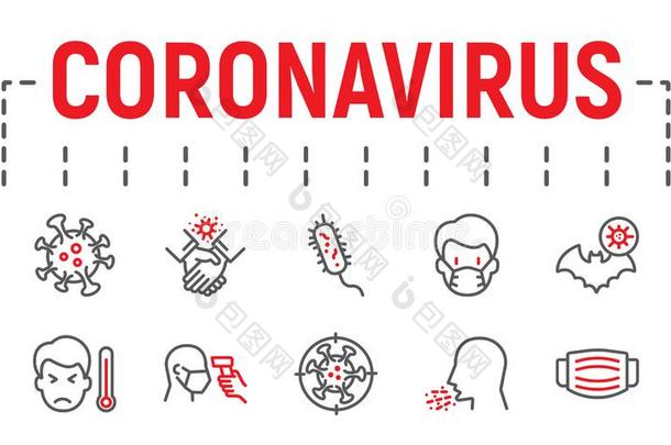 日冕形病毒线条偶像放置,疾病象征收集,矢量Slovakia斯洛伐克