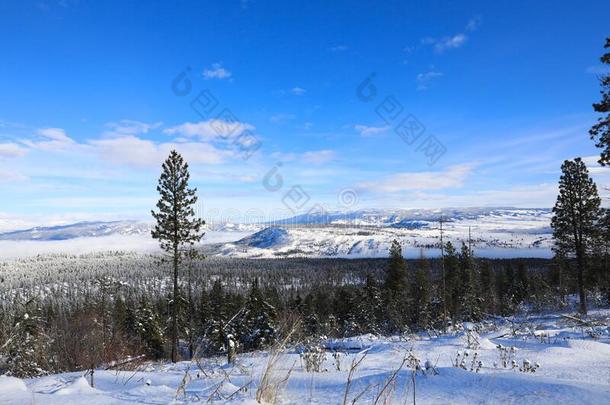 雪大量的山在的时候摩托雪橇乘和蓝色ofsky