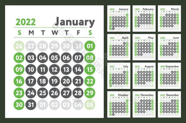 2022日历.新的年计划者设计.英语砑光机.绿色的