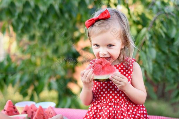 漂亮的女孩吃成熟的多汁的西瓜向草在夏季