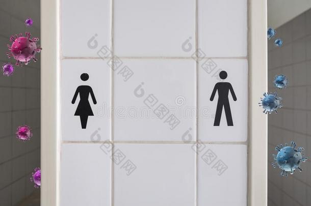 男人和女人洗手间象征被环绕着的在旁边日冕病毒渲染
