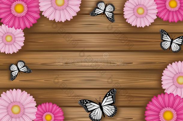 框架和花和蝴蝶向木制的背景
