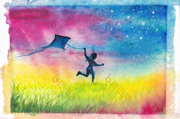 水彩轮廓描画的跑步女孩飞行的一风筝.一女孩