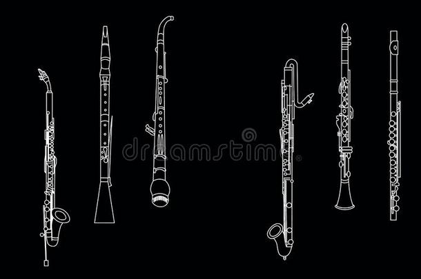 白色的梗概女低音单簧管,欧巴,英语角,低音歌唱家单簧管,