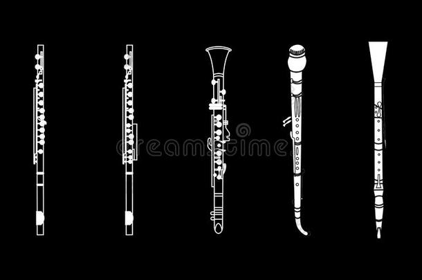 白色的梗概短笛,长笛,女低音长笛,欧巴和英语角