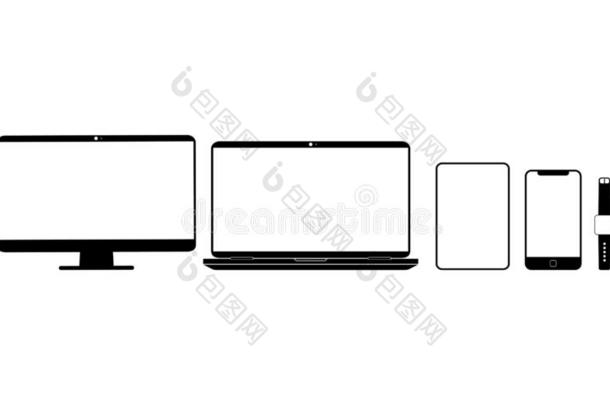 新的装置偶像放置采用黑的:智能手机,便携式电脑,计算机莫尼特