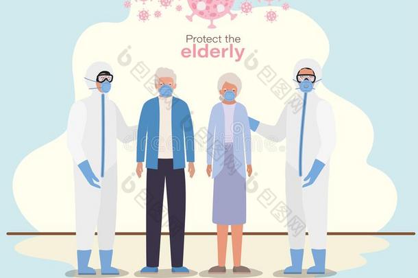 年长的女人和男人和面具和医生和保护的一套衣服