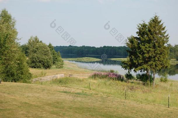 乡村的风景,草地在旁边指已提到的人湖