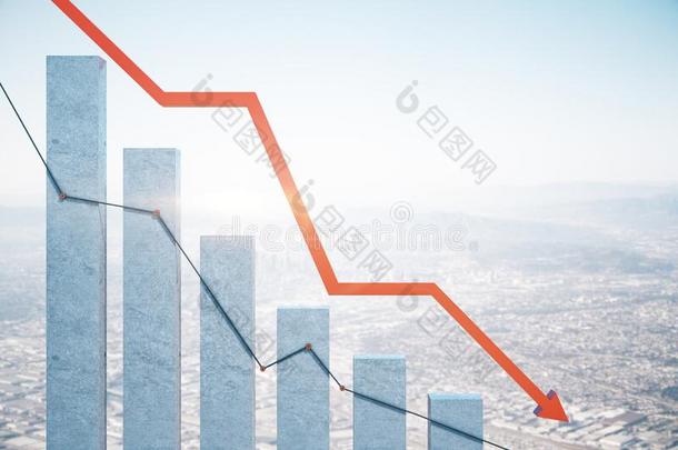 股份碰撞<strong>经济衰退</strong>图表和红色的矢向城市背景