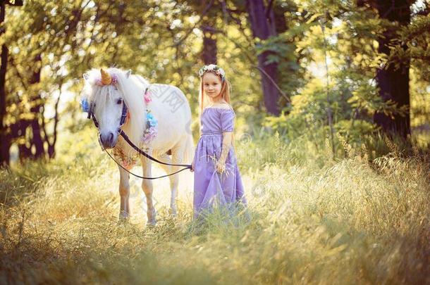 女孩采用紫色的衣服hugg采用g白色的独角兽马.梦来Turkey土耳其