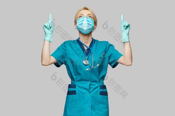 医学的医生护士女人使人疲乏的保护的面具和胶乳乙二醛酶