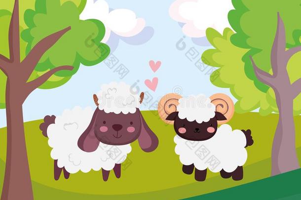 农场动物羊和山羊爱心草树漫画