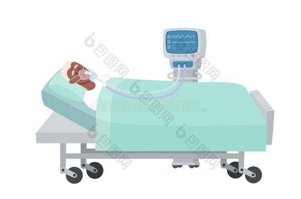老的男人采用医院床和氧面具和通风设备