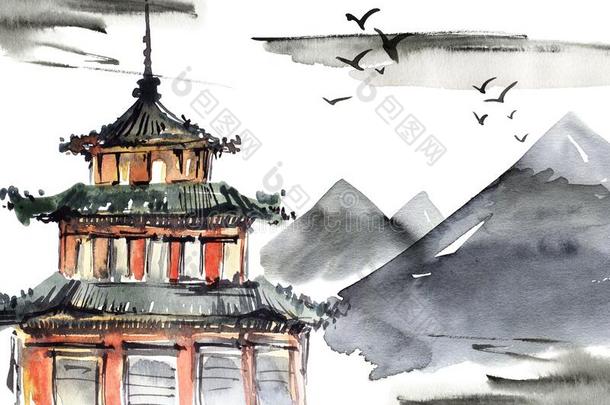 水彩描画的中国人风景