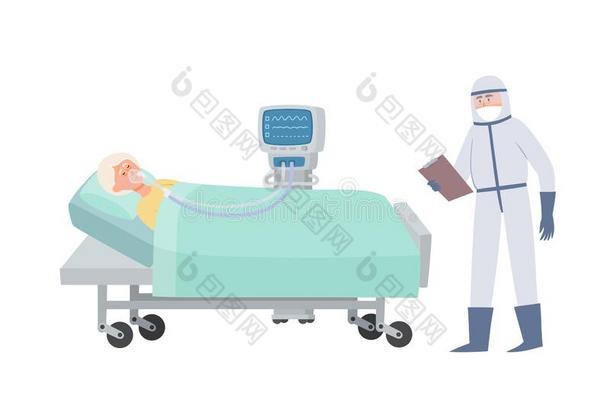 老的女人采用医院床和氧面具和通风设备