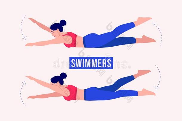女孩做游泳者,女人锻炼健康,需氧的和练习