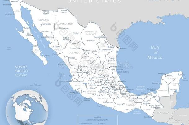 蓝色-灰色详细的<strong>地图</strong>关于墨西哥和管理的分开一