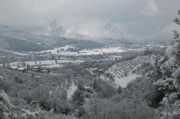 春季风景关于福利尼奥和雪在的时候多云的一天