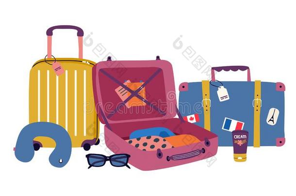 矢量放置和旅行原理:行李袋,手提箱,圣歌