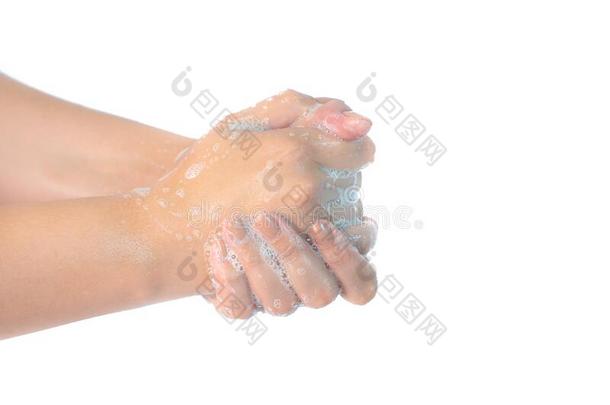 关在上面关于洗涤手和肥皂隔离的向白色的背景