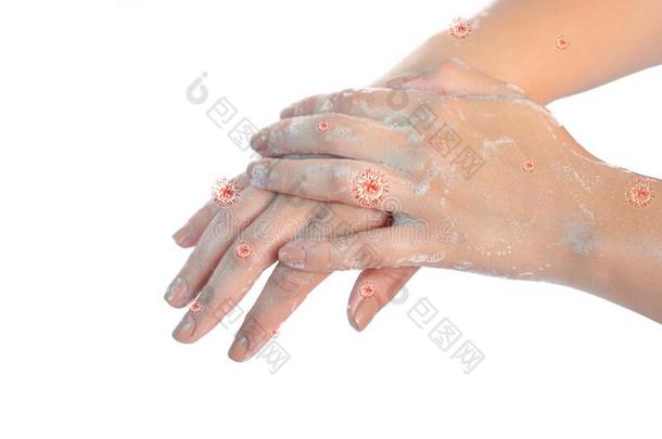 关在上面关于洗涤手和肥皂和红色的日冕病毒伊斯拉特