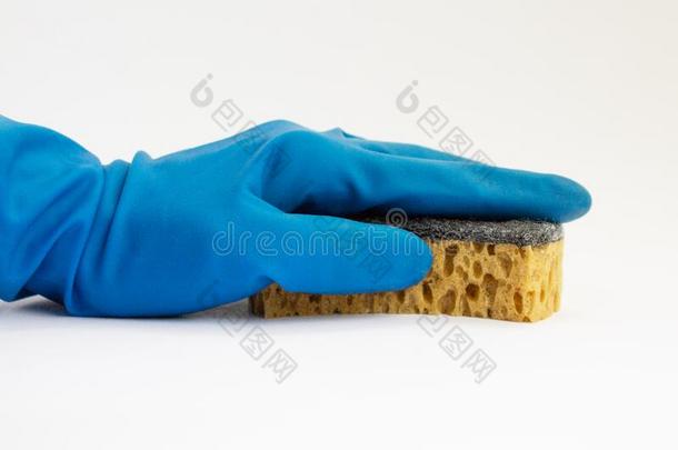 一手采用一橡胶手套拥挤,保存一有色的海绵