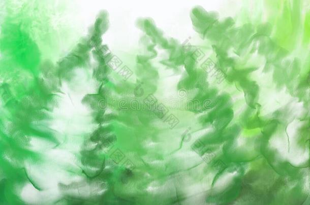 绿色的树森林背景.水彩向白色的纸