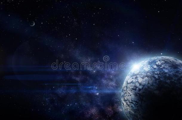 抽象的空间说明,月亮行星和蓝色光从stationary稳定的