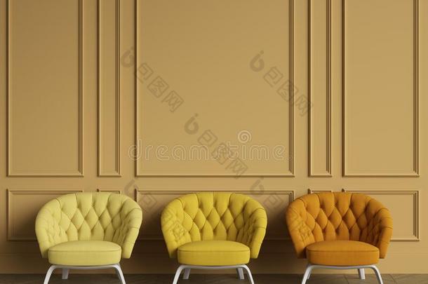 3装缨球的黄色的扶手椅采用典型的采用terior和复制品空间