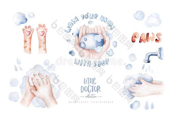 洗你的手小孩海报水彩说明和猫爪子