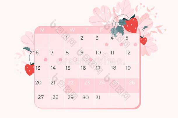 粉红色的月经日历.隔离的每月的日历和花的