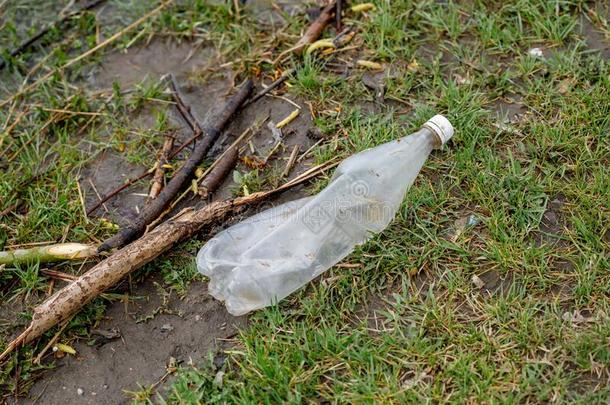 浪费瓶子采用草,塑料制品垃圾污染