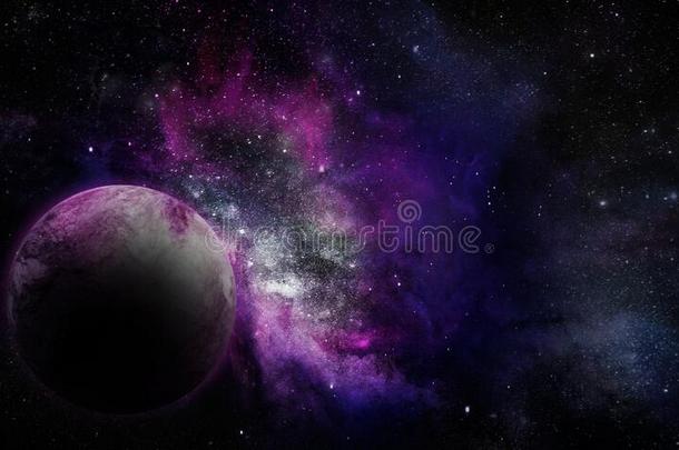 宇宙的抽象的说明,紫色的行星和星云