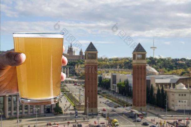 玻璃关于啤酒和看法关于西班牙正方形采用巴塞罗那,西班牙.男人