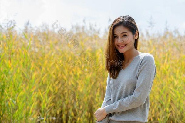 年幼的美丽的亚洲人女人采用指已提到的人田关于身材高的草