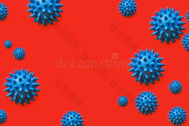 一病毒细胞.cor向一病毒,科维德19,蓝色球向一红色的b一ckgrou