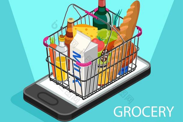 食品杂货店购物在线的观念.智能手机屏幕和超人