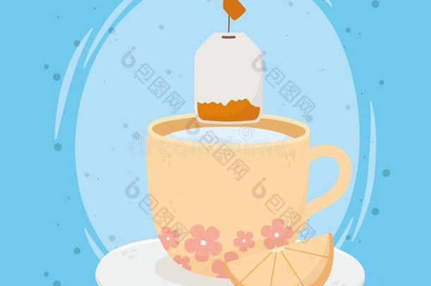茶水时间,茶水杯子和茶水袋切成片柠檬向茶杯托