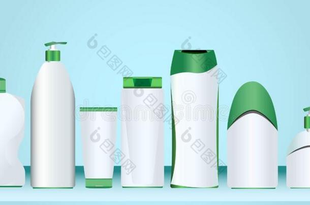 白色的和绿色的空白的化妆品塑料制品瓶子向颜色后台