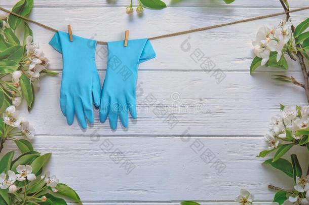 橡胶拳击手套,清洁物料项目向春季背景,彩色粉笔伍德