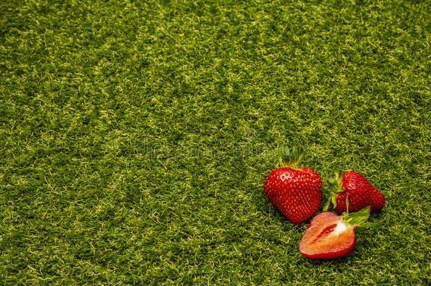 甜的新鲜的草莓向绿色的草